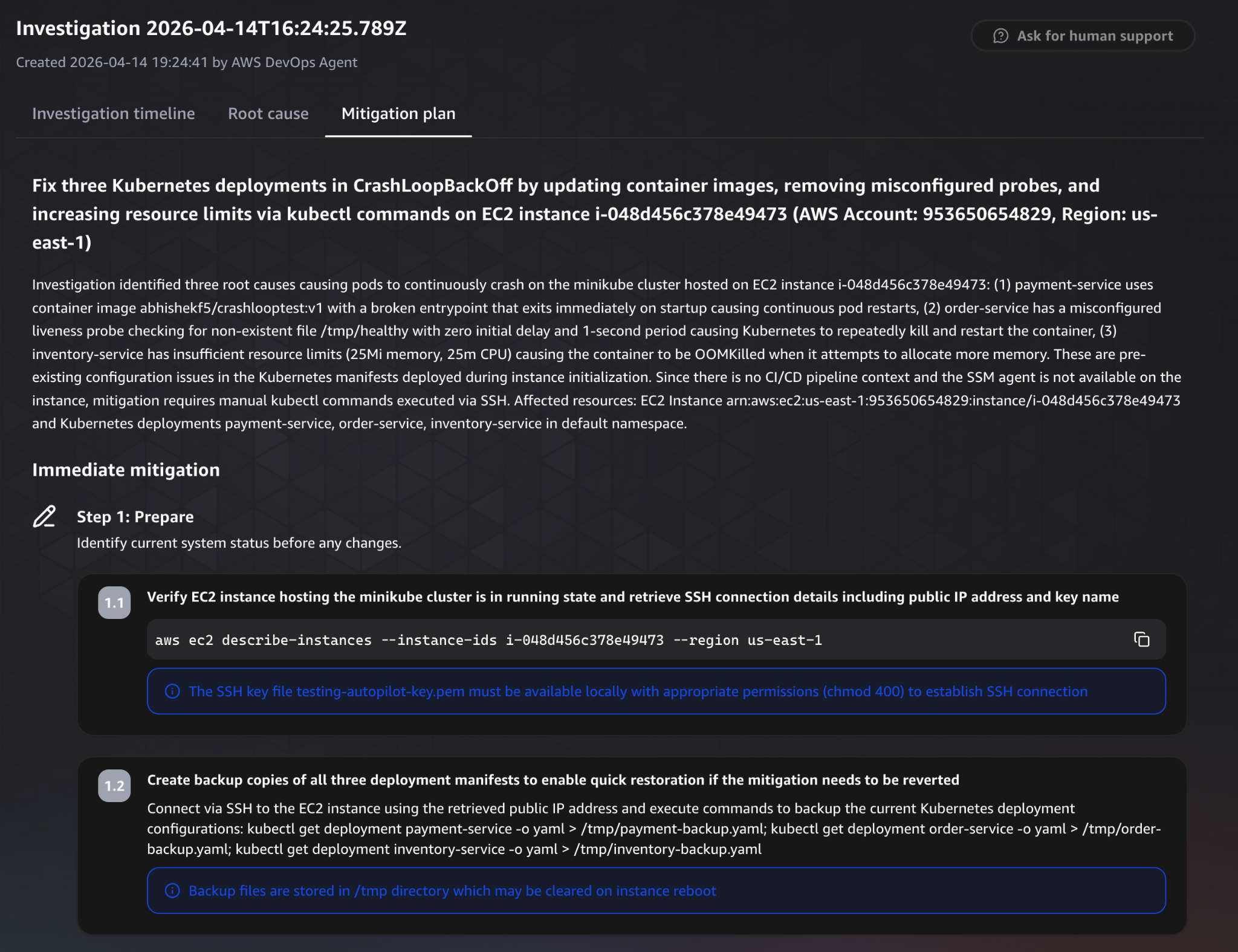 AWS DevOps Agent mitigation plan overview