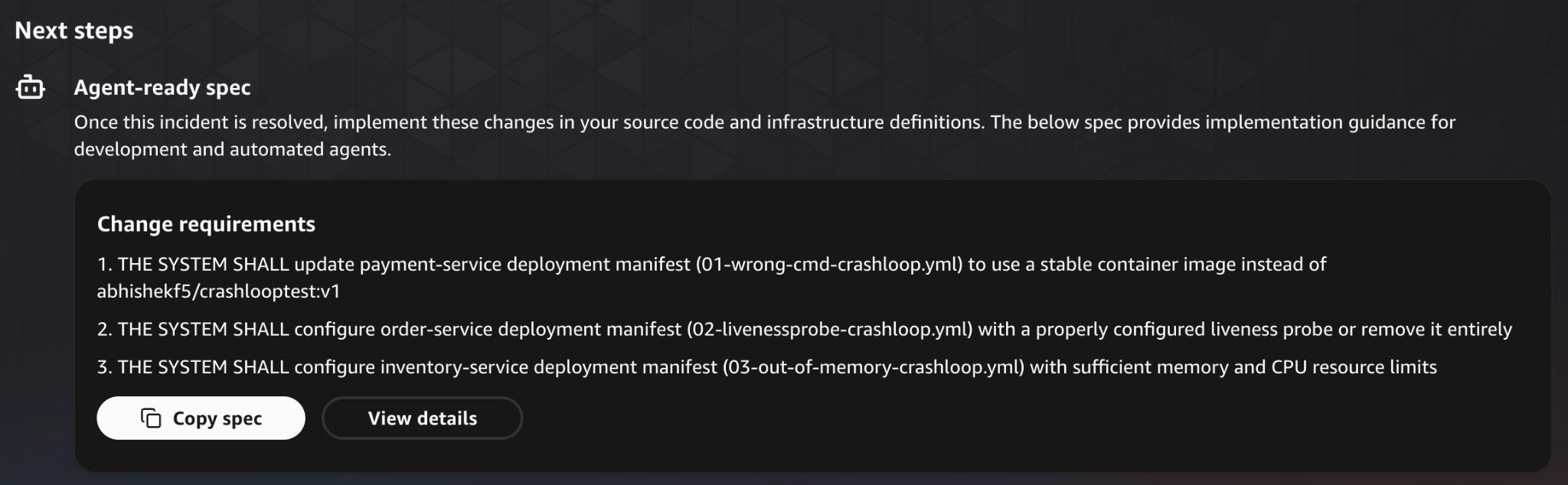 AWS DevOps Agent rollback section