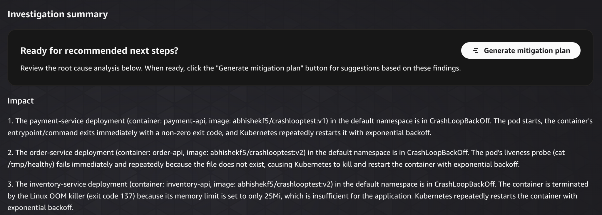 AWS DevOps Agent root cause summary